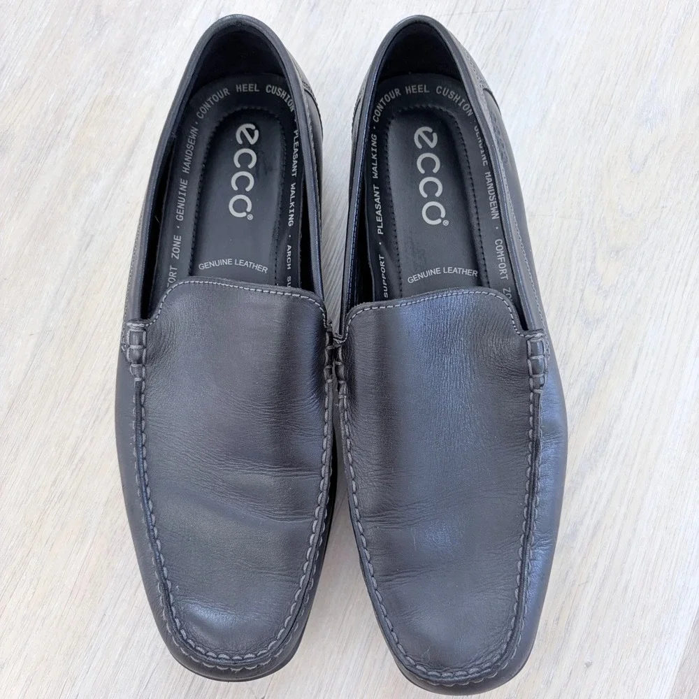 ECCO Mens‎ Black Leather Loafers Slip On Moc Toe Shoes EU 44/10.5 Handsewn